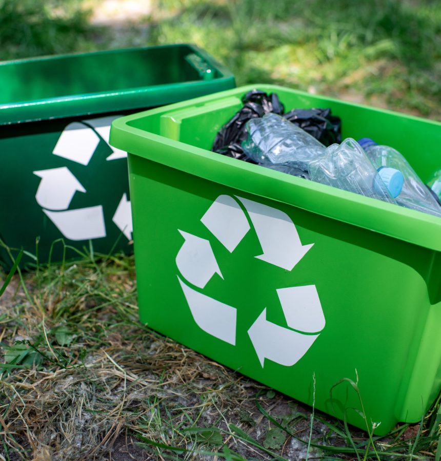 green recycling boxes with plastic trash standing on lawn